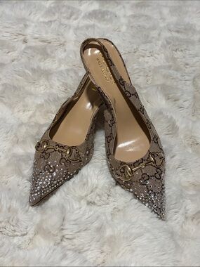 Brown/Beige Crystal-Embellished Pointed-Toe Slingback Mules